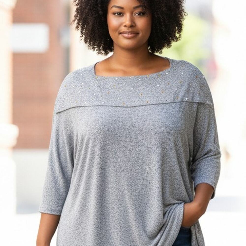 Dressbarn Tunic Sweater Womens 18 20W Gray Cowl Neck Studded Stretch Lightweight